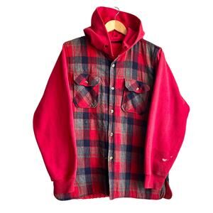 Vintage Handmade Red Flannel Hoodie Button Up Shirt Size Large 20.5x29